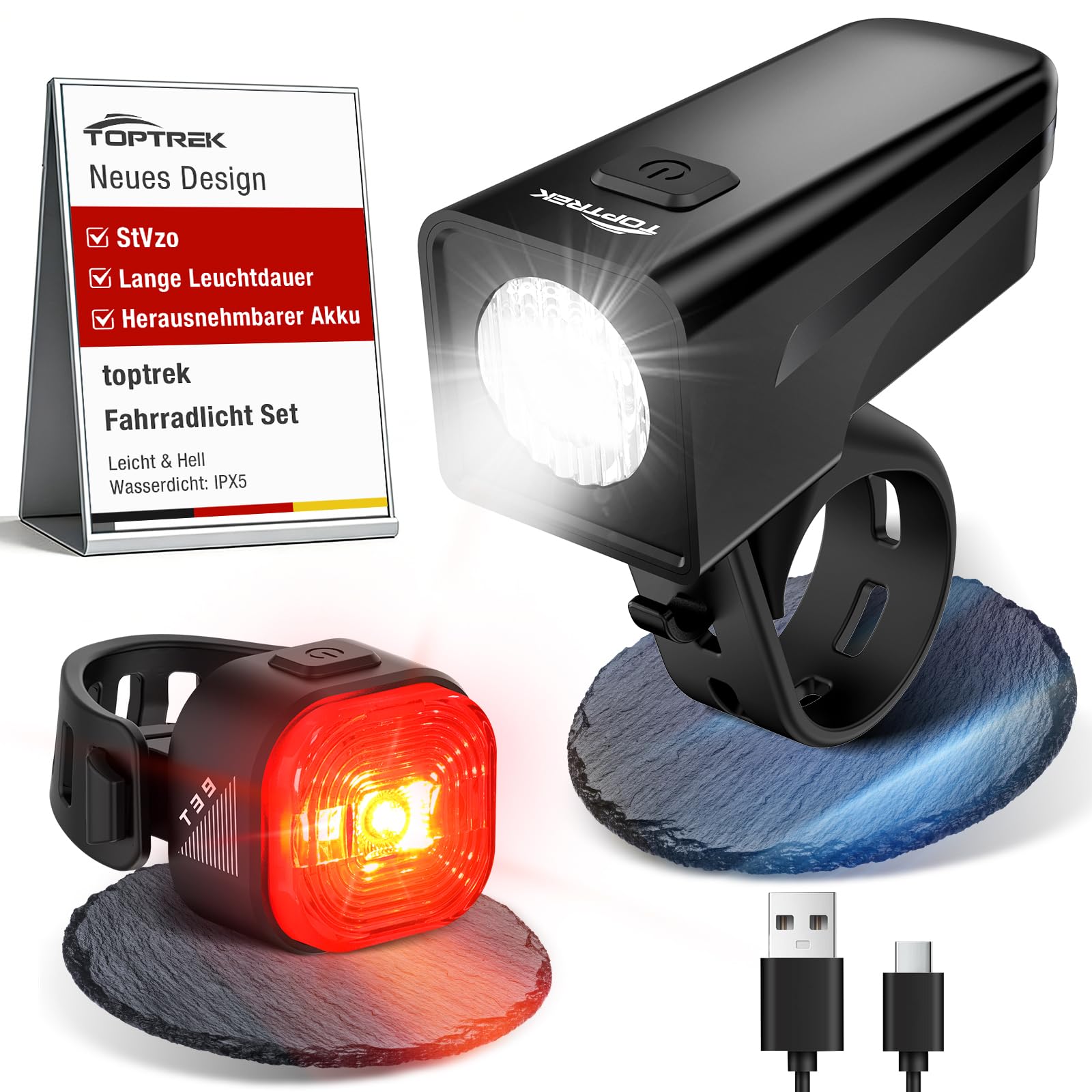 toptrek Fahrradlicht Set USB Aufladbar, StVZO Zugelassen Fahrrad Lichter LED Set, IPX5 Wasserdicht Fahrradlampe Set mit Austauschbarem Akku Design, Fahrradbeleuchtung Set mit Langer Akkulaufzeit