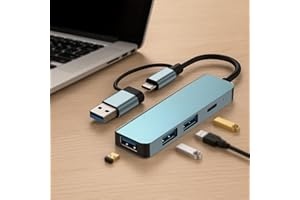 4-in-1 USB-C Dual Interface Hub, with 2 USB 2.0 Data Ports, a USB C Port, a USB 3.0 Data Port