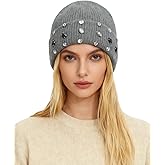 Caviotess Sparkly Gems Rhinestone Knit Beanie Hats for Women Warm Fleece Lined Winter Hat Shiny Thick Cuffed Skull Cap
