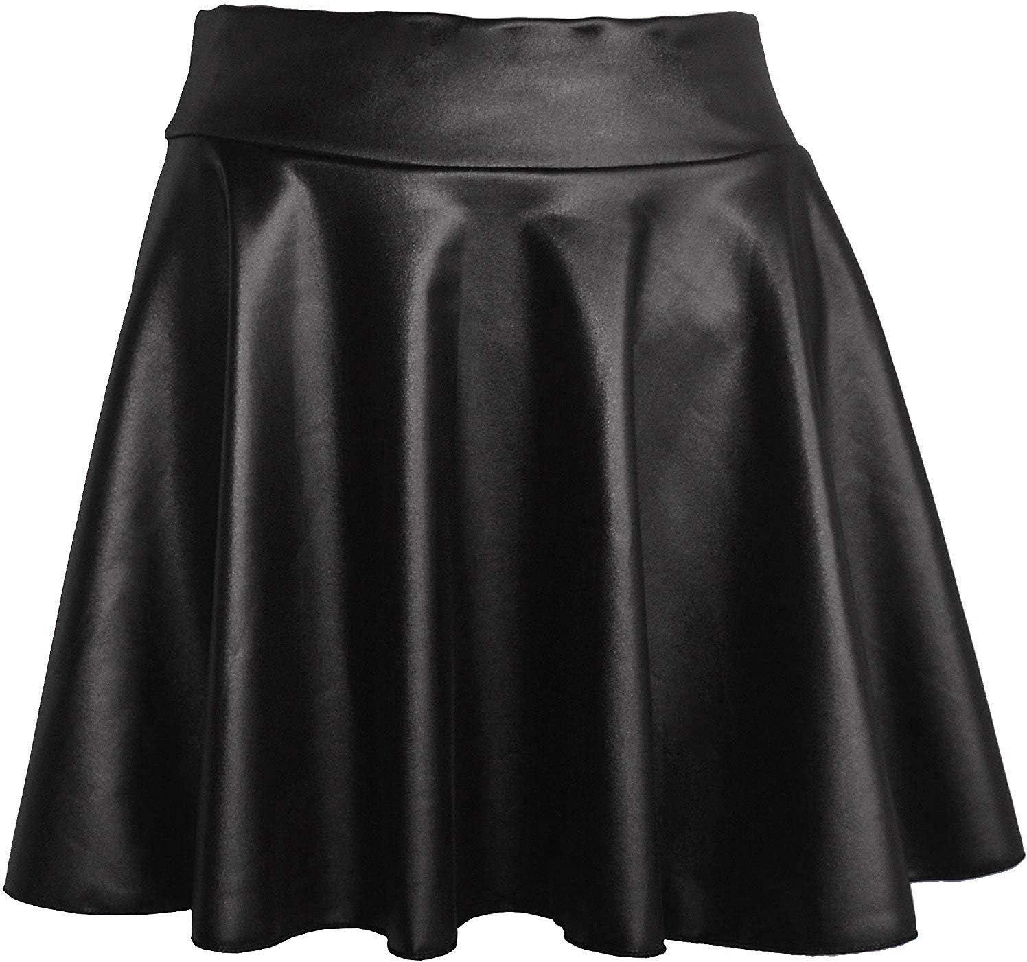 TOOTO Women's Faux Leather Casual Fashion Stretchy Flared Pleated A-Line Circle Mini Skater Skirt