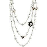 Vintage Inspired Imitation Pearl Long Strand Black and White Camellia Flower Costume Layered Necklace, Statement Multiple Strands Pendant for Women, Jewelry Gift
