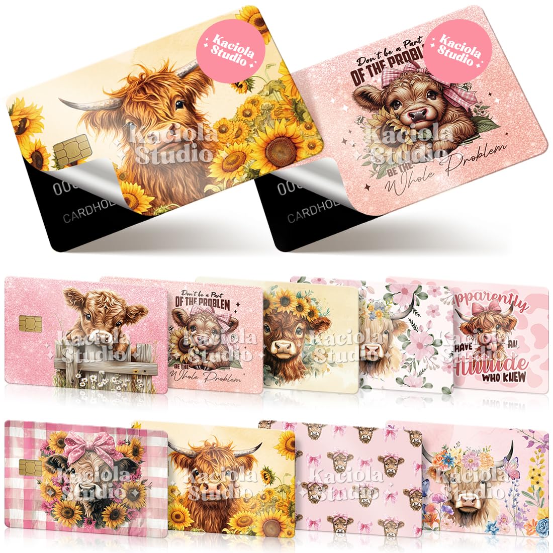 Photo 1 of Kaciola Studio 9PCS Credit Card Skin Stickers, Highland Cow Debit Card Skin Cover Waterproof Removable Decal Cover Set for Transportation Debit Gifts Women (Highland Cow)