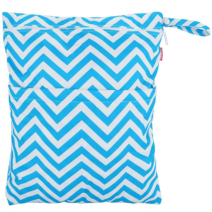 Image 2 - Damero 2pcs Travel Wet and Dry Bag, Reusable Wet Bags Organizer with Two Zippered Pocket for Cloth Diaper, Pumping Parts, Swimsuit and Gym, Blue Chevron