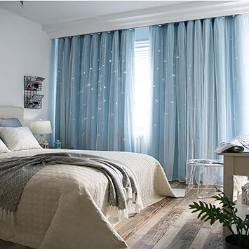 Voile Gardinen Mit Osen Durchbrochen Vorhange Transparent Sternenmuster Vorhang Schlafzimmer Wohnzimmer Dimension 175x140 Cm Ein Satz Von 2 Stuck Blau Amazon De Baby