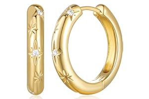 AMOXOS 14K Gold Hoop Earrings Small Thick Hoop Earrings 14K Gold Huggie Earrings Diamond Hoops Earrings Star & Flower Design 24 * 4.5mm-1