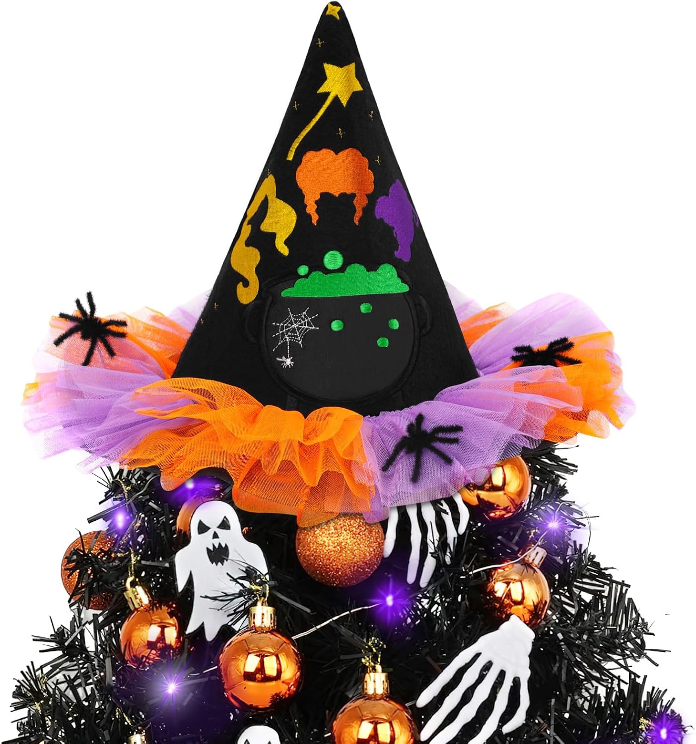 Tree Toppers - Halloween Witch Hat Tree Topper Hat Christmas 14×11 Inches Tree Topper Velvet Hat for Tree Top Witch Fairy Magic Stick Spider Decoration Halloween Spooky Decor Holiday Home Party Decoration Supplies