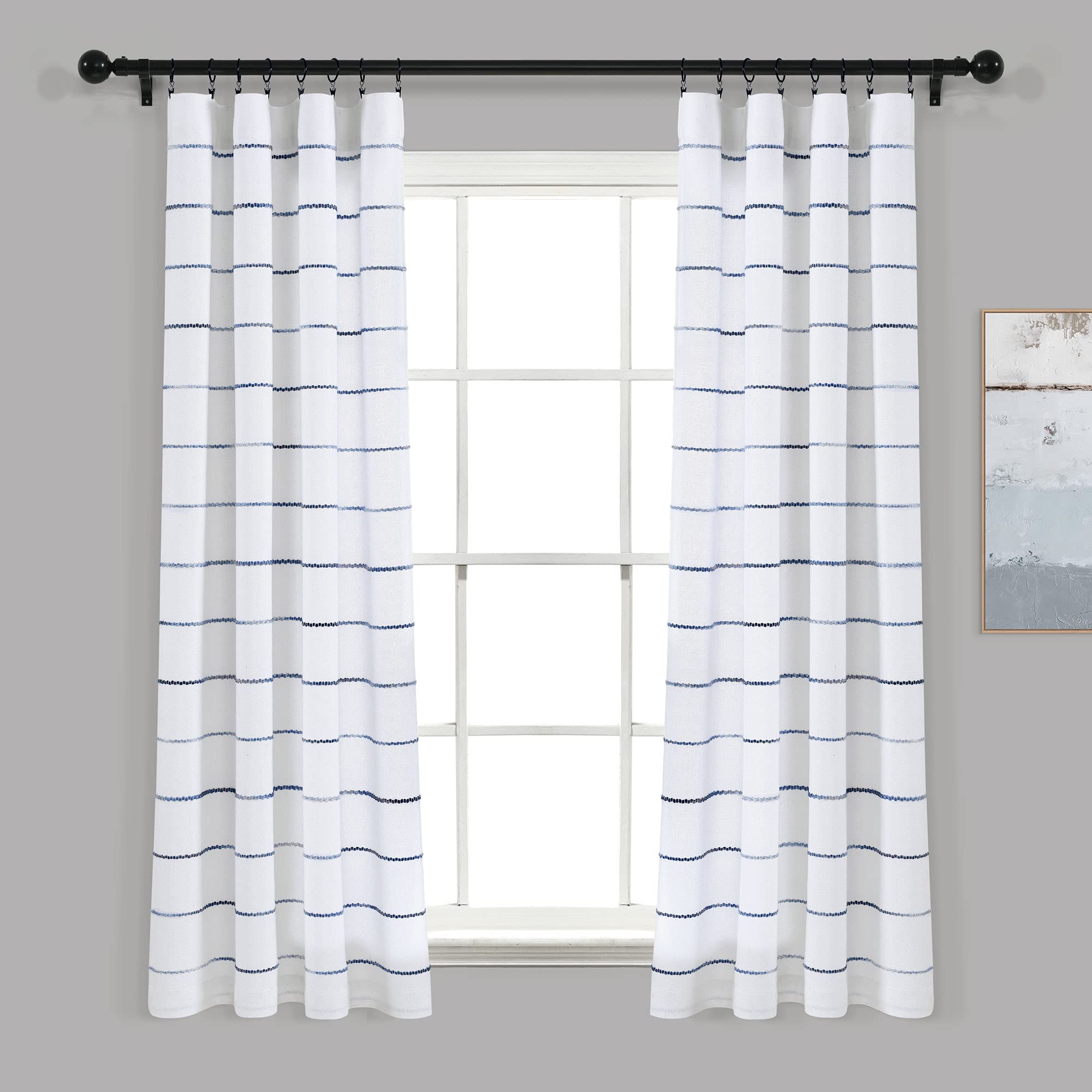 Lush Decor Ombre Stripe Yarn Dyed Cotton Window Curtain Panel Set - Colorful Tufted Yarn Stripe Detail - 2 Window Panels - 40" W x 63" L, Navy
