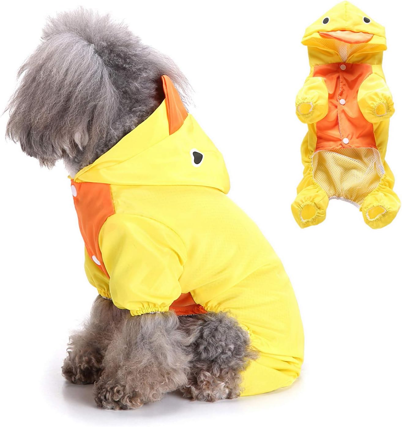 SMALLLEE_LUCKY_STORE Cute Duck Raincoat for Small Dogs with Hoood Leash D-ring Puppy Botton Down Rain Jacket Full Boby 4 leg Jumpsuit Lightweight Waterproof Clothes,Yellow XS
