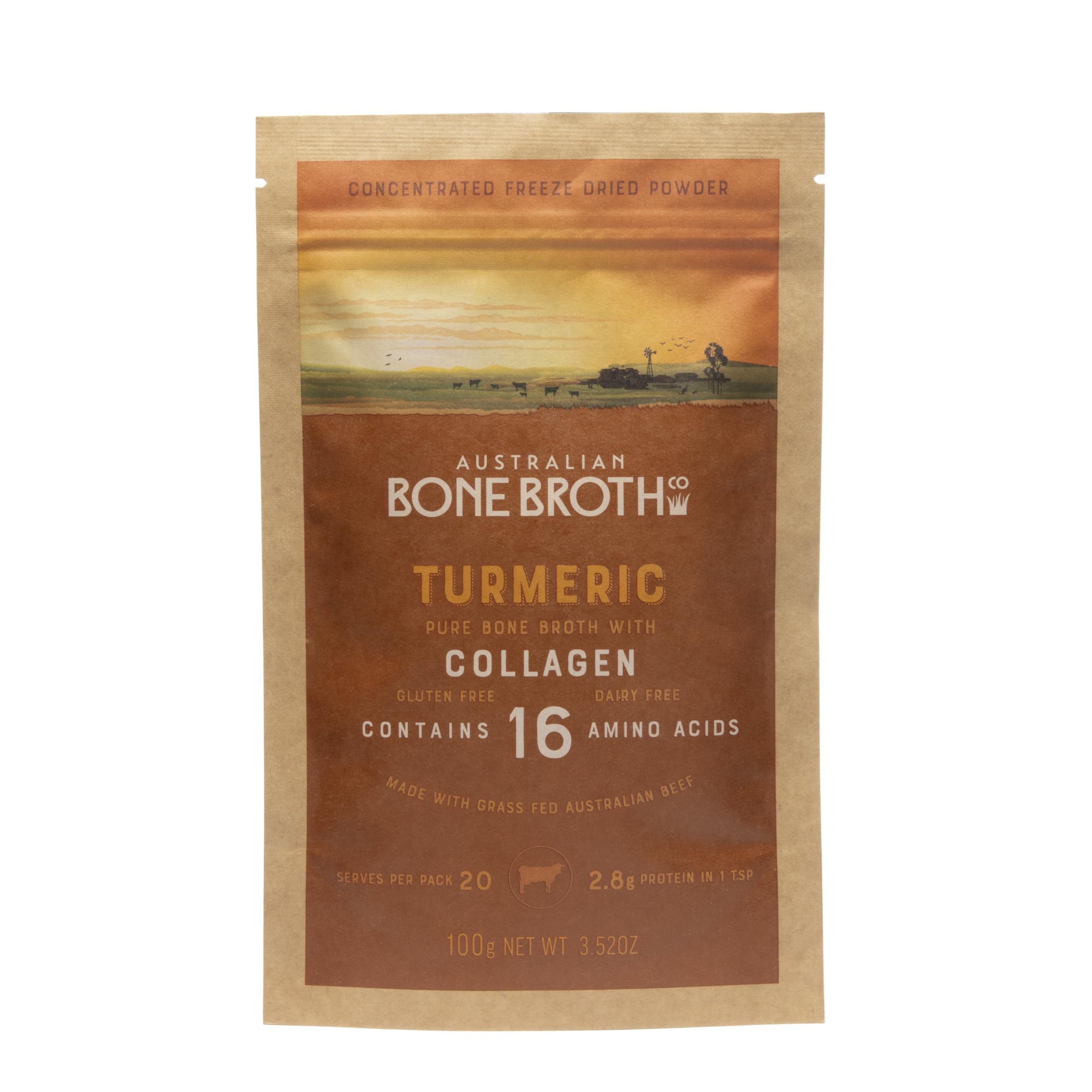 ABBCo Turmeric Beef Bone Broth Powder 100g – Beef Broth Powder Made from Australian Beef with Collagen, Turmeric, Ginger & Black Pepper – Savoury Broth Powder for Drinks & Cooking