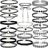 YOKER 22 Pcs Necklaces Black Velvet Choker Set for Women Classic Adjustable Gothic Lace Black Collar Tattoo Lace Chokers Charm Stretch for Party Cosplay Christmas Birthday