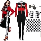 Mepase 4 Pcs Halloween Racer Car Driver Costume Jumpsuit Women with Checkered Flag Sunglasses and Glove Long Sleeve Jumper