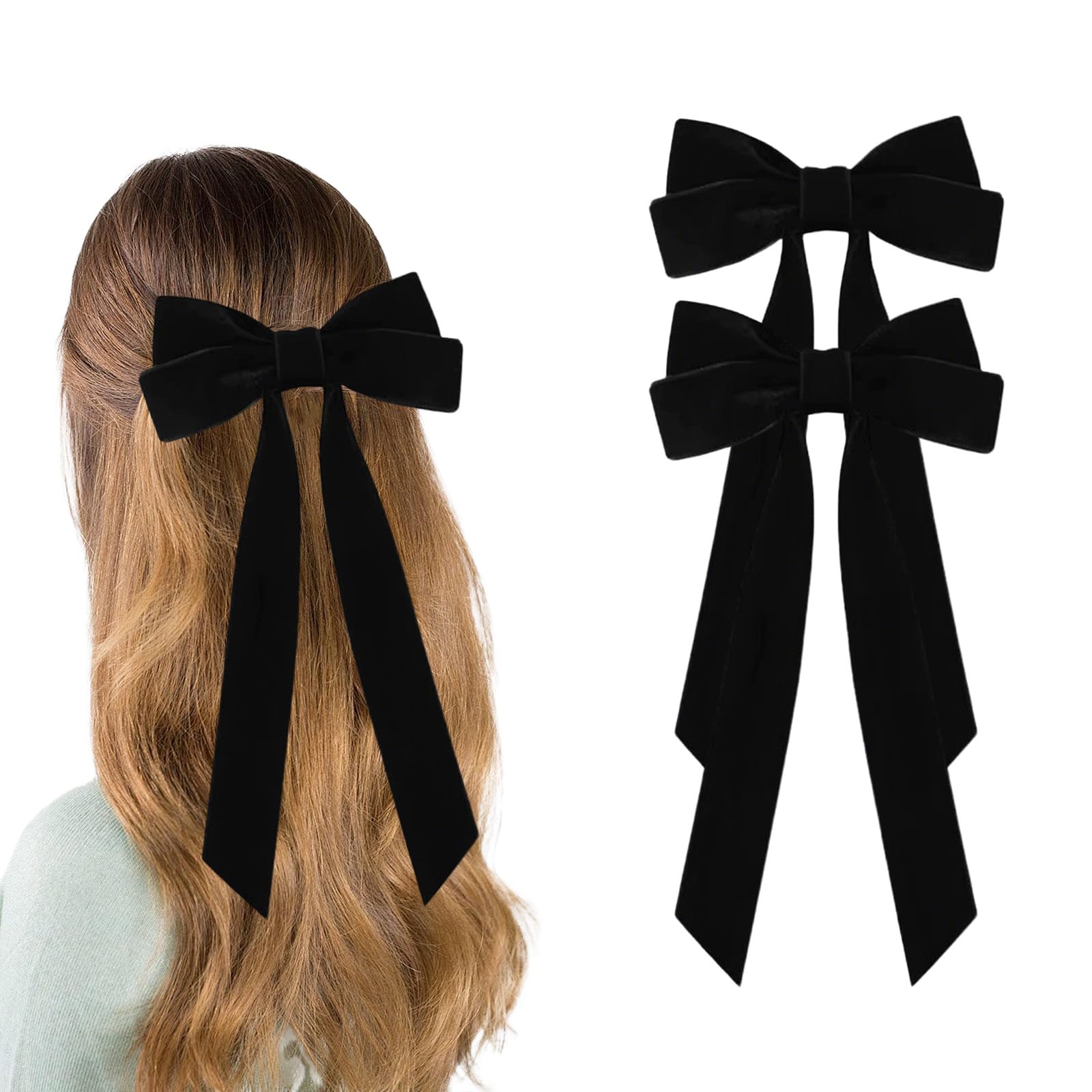 2Pcs Red Hair Bow, Burgundy Velvet Hair Bow for women, Solid Color Bowknot Hair Clips for Girl Accessories Christmas Bows (Black)