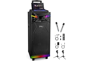 GEYGUY GTSK210‑1 Karaoke Machine with 2 Wireless Microphones for Adults – 10″ DSP Big Bluetooth Party Speaker with 650W Peak Power, Live Streaming & Voice Monitoring, LED Lights, Rolling Wheels & Trolley