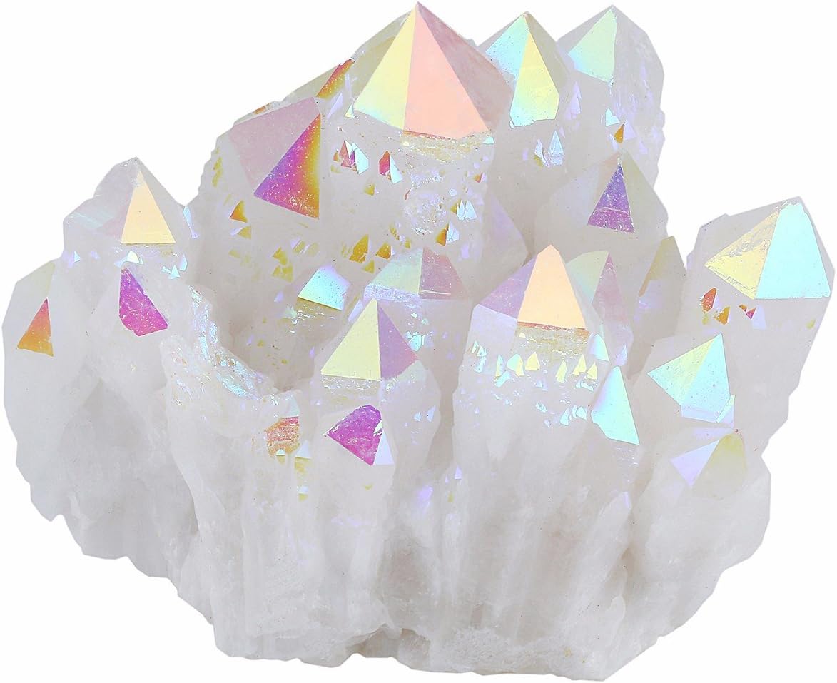 Indoor Fountains & Accessories - mookaitedecor Titanium Coated Natural Rock Crystal Cluster Geode Stone Specimen, Angel Aura Quartz, 0.22lb-0.44lb