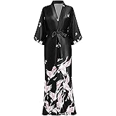 PRODESIGN Long Kimono Robe Satin Sleepwear Blouse Bathrobe Nightgown Silky Crane Kimono Cardigan Robe