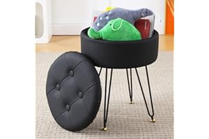 Cpintltr Faux Leather Storage Ottoman Round Footrest Stool Multifunctional Upholstered Ottoman with Metal Legs Modern Vanity Stools Tray Top Coffee Table Suitable for Living Room Bedroom Black