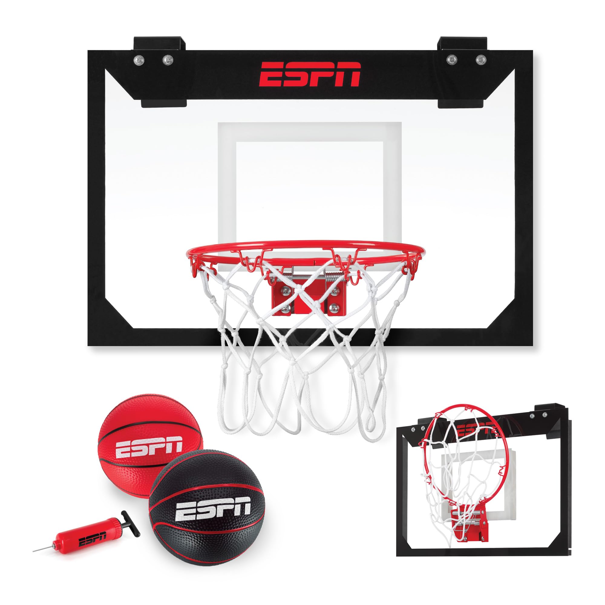 ESPN Mini Basketball Hoop, Over The Door Basketball Hoop with Foldable Breakaway Rim, Includes 2 Mini Basketballs and Pump