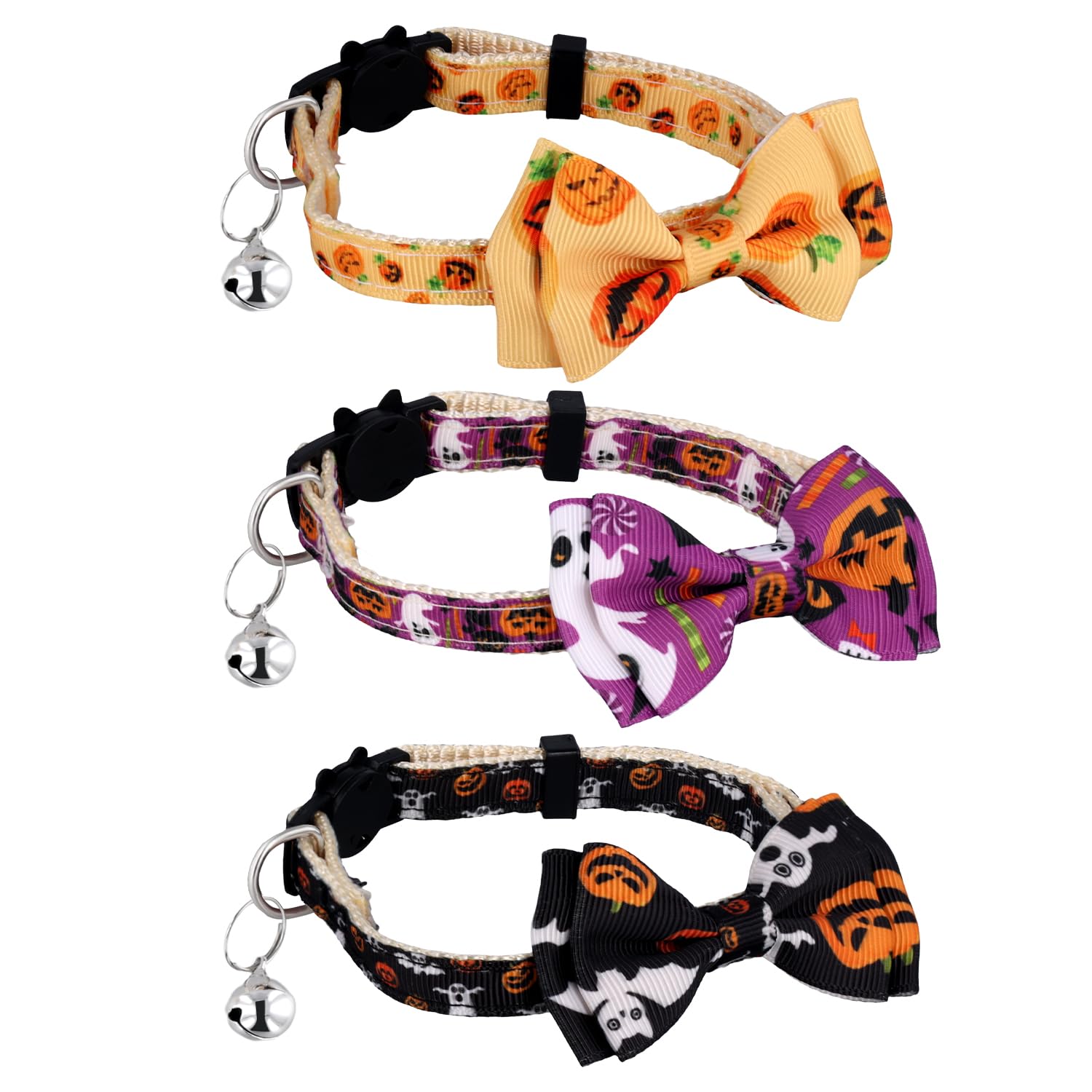 3pcs Halloween Cat Collar, Breakaway Kitty Collar with Bell Bow Tie Cute Kitten Collar Adjustable Holiday Pumpkin Bats Kitten Collar Decoration Accessories for Cat Puppy Kitten