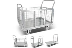 WARMYOU Platform Truck Cart with Cage Foldable Flat Cage Cart 4-in-1 Heavy Duty Push Cart Dolly Load 1600LBS W/Swivel Casters, Flatbed Fence Cart Multipurpose Utility Cart for Grocery/Laundry/Stall/Storage