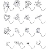 Tornito 16Pcs Nose Stud Rings L Screw Shaped Nose Ring Flower Snake Butterfly Heart Eye CZ Dangle Nose Rings Stud Body Piercing Jewelry for Women Men 20G Silver Pink Tone