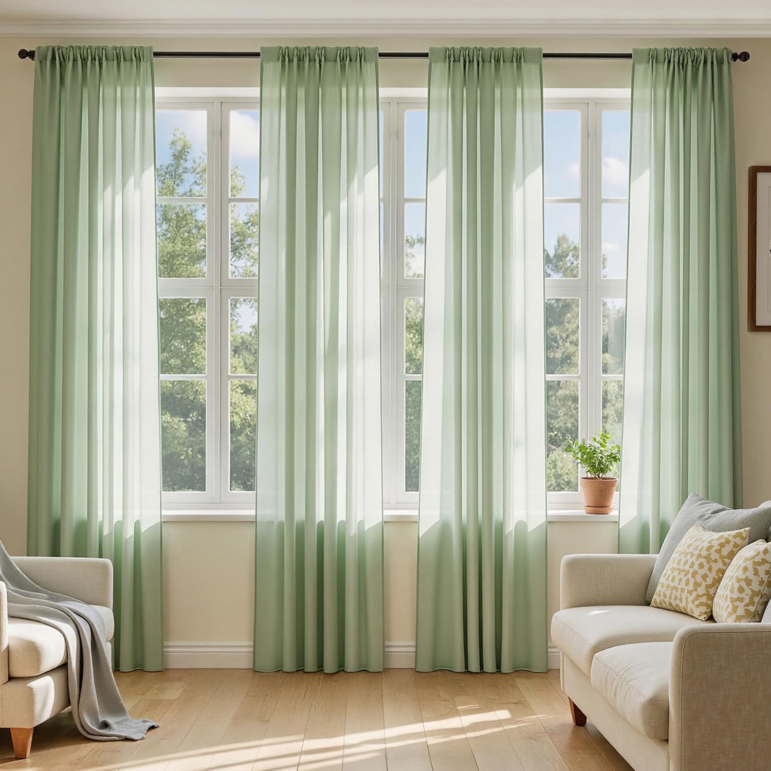 Photo 1 of MIULEE Sage Green Sheer Curtains 96 Inches Long, 4 Panels Set, Light Filtering Rod Pocket Voile Drapes Window Treatments, Semi Transparent Airy Fabric for Bedroom and Living Room, 42 x 96 Inches