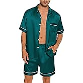 SWOMOG Men Silk Satin Pajamas Short Sleeve Pjs Set Button Down Sleepwear Soft Lounge Set Nightwear with Pockets