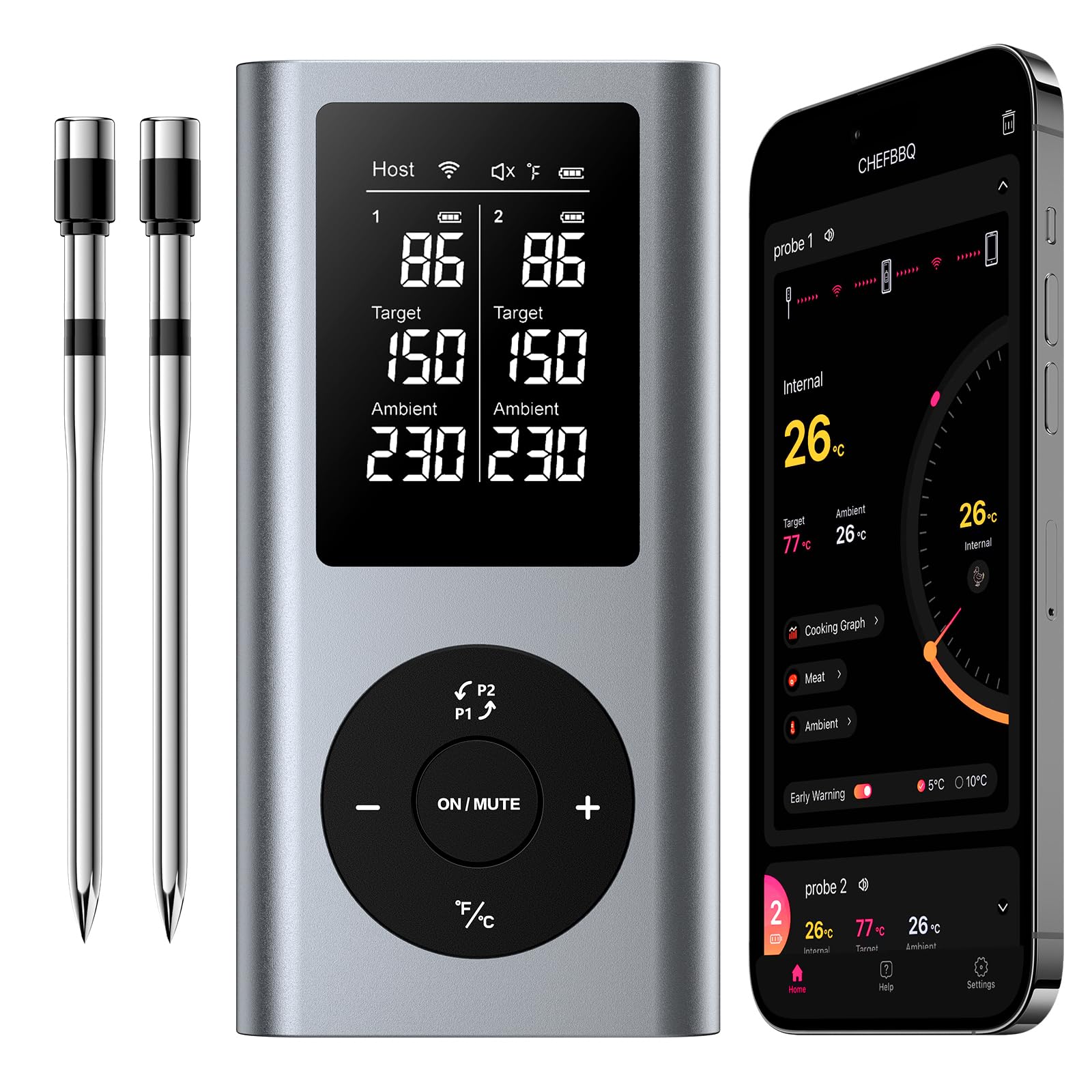 Photo 1 of Meat Thermometer Wireless with 2 Meat Probes, 800FT Long Range Bluetooth Thermometer Wireless Temperature Probes for Remote Monitoring of Grill, Oven, Smoker, Air Fryer, iOS & Android App