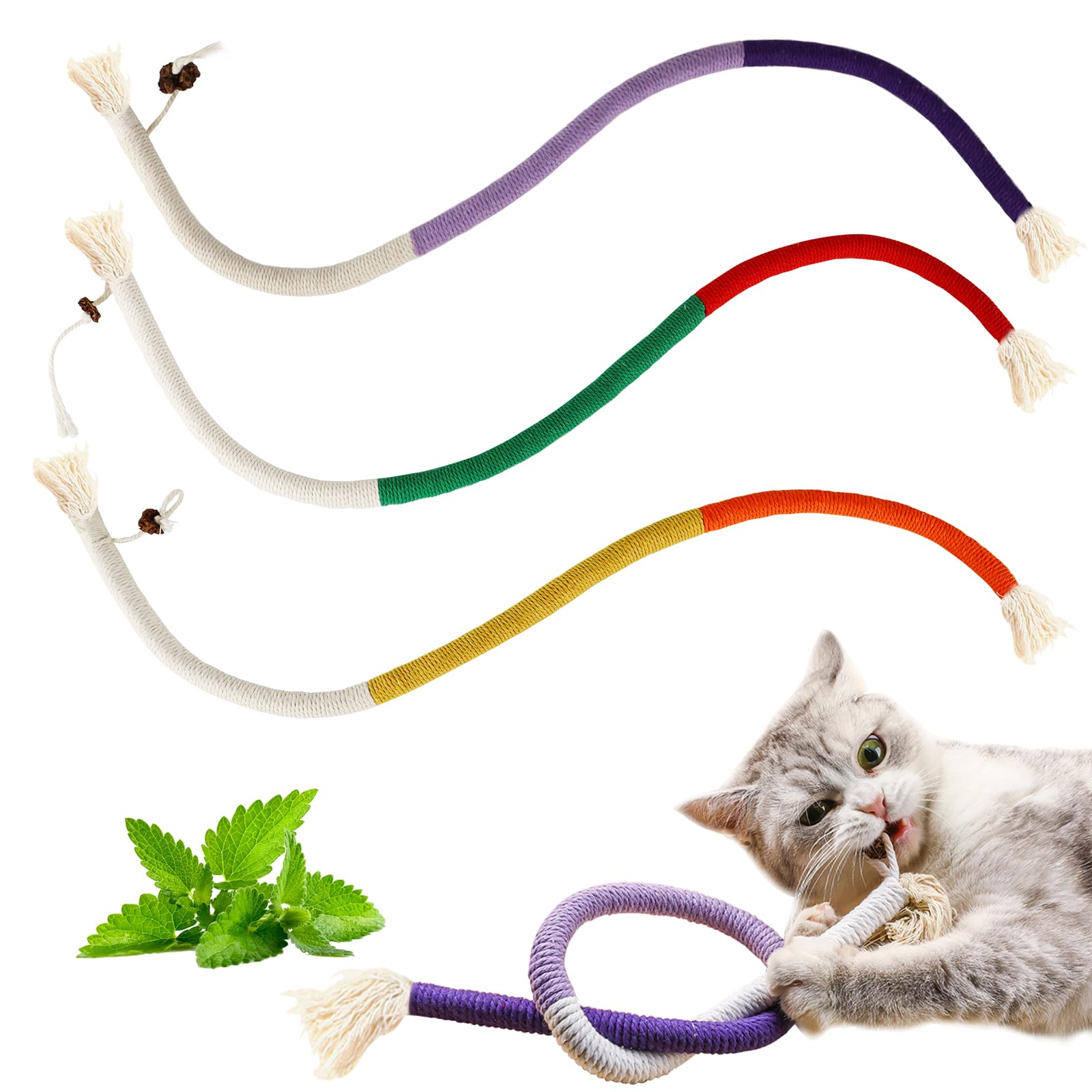 YUDANSI Catnip Toys for Indoor Cats, Snaky Rope Toys with Gall Fruit for Cat Playing Chewing Teeth-Cleaning, Interactive Cat Chew Toy in Assorted Colors for Teething Pets, 3Pcs, No-Squeaky