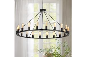 Senyshilon Wagon Wheel Chandelier, Black Farmhouse Chandelier for Dining Room Light Fixture, 20-Light 48 Inch Extra Large Chandelier for High Ceilings Living Room Kitchen Island Foyer Villa