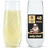 JOLLY CHEF 48 Pack Stemless Plastic Champagne Flutes 9 oz, Crystal Clear Stemless Plastic Toasting Glasses, Clear Disposable Unbreakable Drinkware Ideal for Wedding, Birthday, Party, Thanksgiving