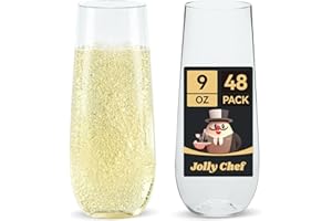 JOLLY CHEF 48 Pack Stemless Plastic Champagne Flutes 9 oz, Crystal Clear Stemless Plastic Toasting Glasses, Clear Disposable Unbreakable Drinkware Ideal for Wedding, Birthday, Party, Thanksgiving