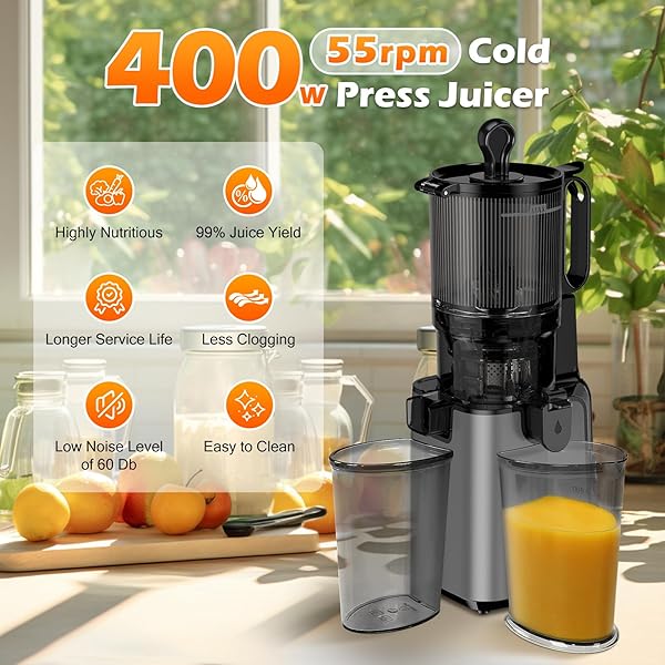 JUICER MACHINES WITH 5.8″ LARGE FEED CHUTE, COLD PRESS JUICER FOR WHOLE VEGETABLES AND FRUITS 400W, SLOW MASTICATING JUICER EASY TO CLEAN JUICE EXTRACTOR MACHINE HIGH JUICE YIELD
