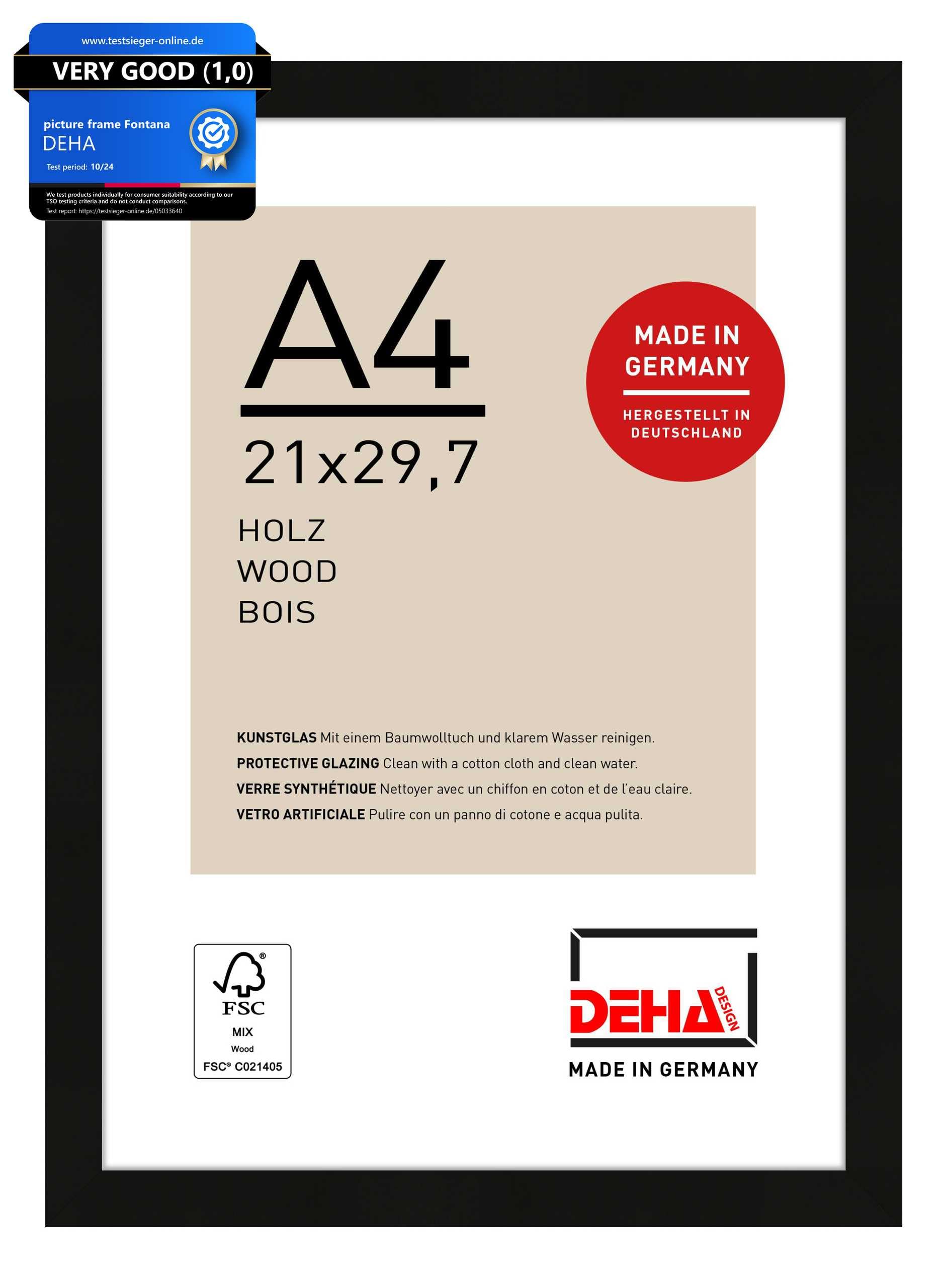 DEHA Design Fontana Wooden Picture Frame - A4 (21x29.7 cm) – Black - with Synthetic Glass and Push/Turn Clips