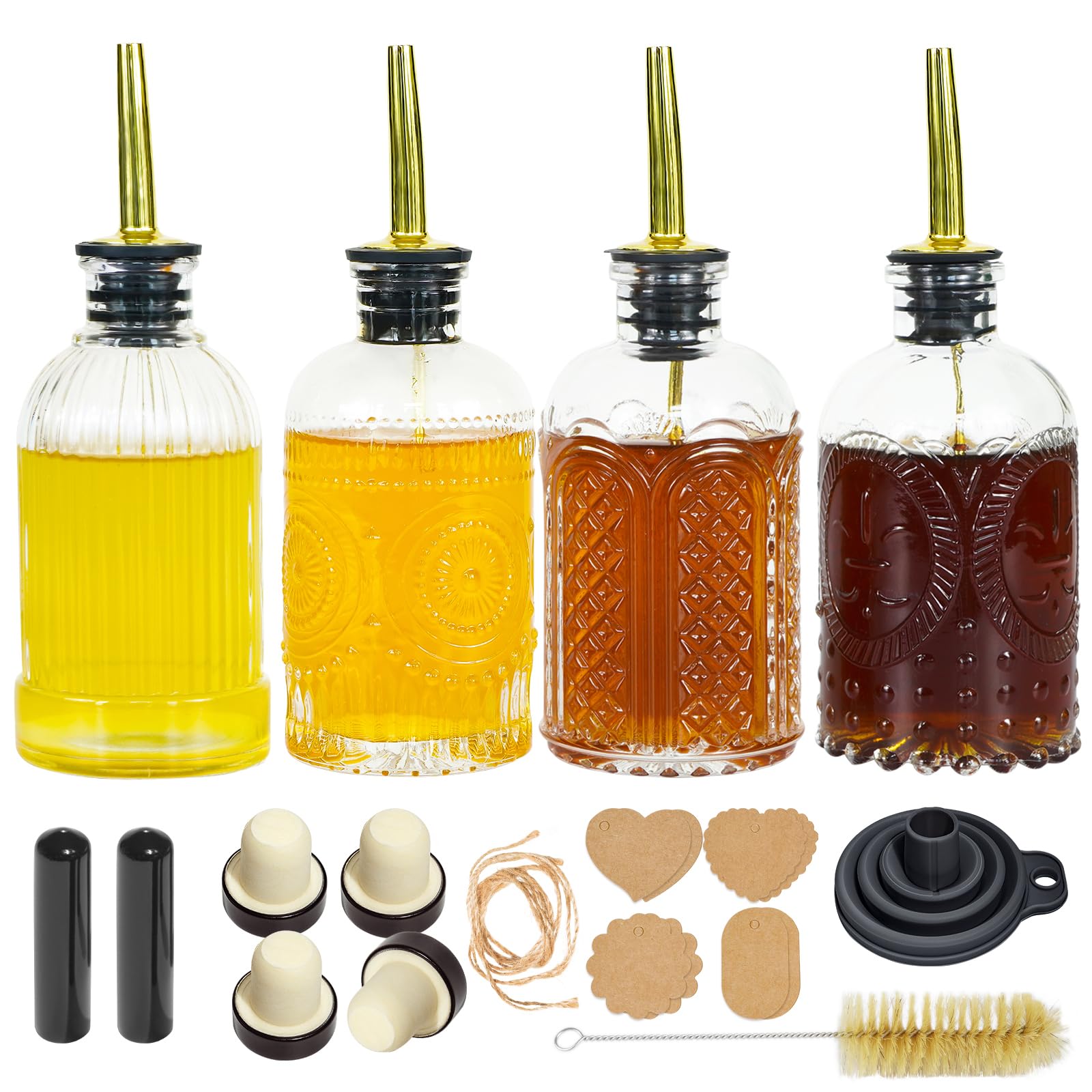 Coffee Syrup Dispenser Bottles Set 4 Pcs, 7oz/200ml Coffee Bar Accessories with Metal Pour Spout, Simple Syrup Bottles for Coffee Syrups, Honey, Condiments, Olive Oil, with Label, Funnel, Cork, Brush