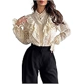 SweatyRocks Women's Lace Ruffle Button Down Shirts Vintage Victorian Blouse Dressy Casual Long Sleeve Tops