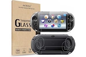 AKWOX 2 Front+2 Back Covers Screen Protectors Compatible with Sony PlayStation Vita 2000, 9H Tempered Glass Front and HD Clear PET Back Film