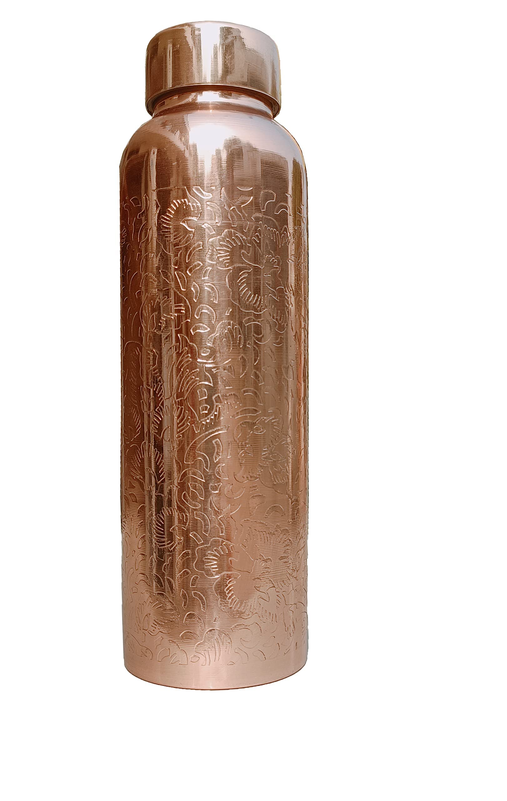 Gavya International Pure Etching Copper Water Bottle 34 Oz Ayurvedic Leak Proof Copper Vessel for Drinking Embossed Water Bottle For Sports, Yoga Diwali gift Capacity1 liter