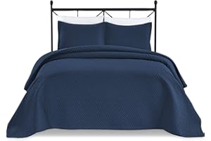 Basic Choice 3-Piece Light Weight Oversize Quilted Bedspread Coverlet Set - Navy Blue, Full / Queen