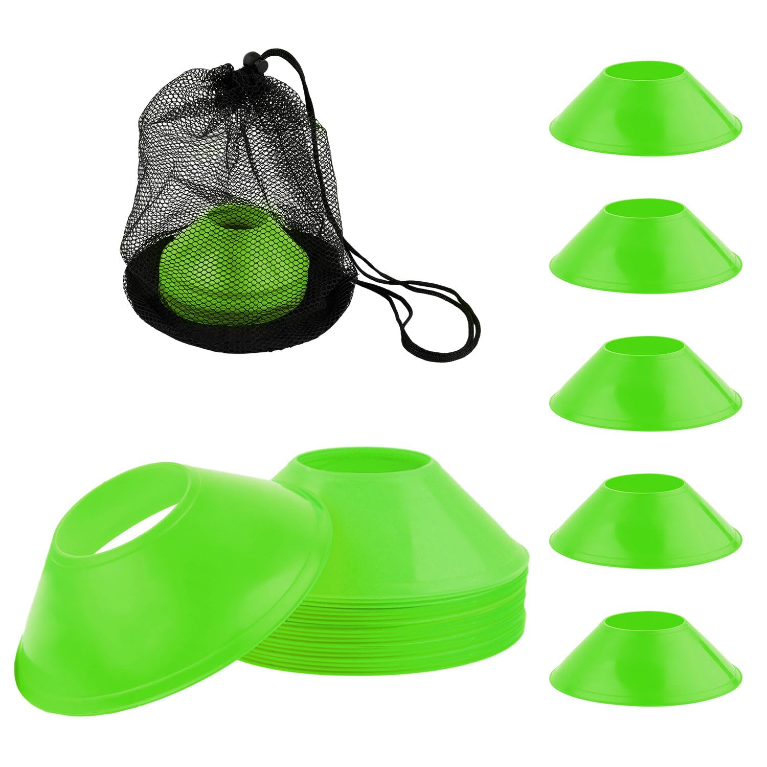 XIHIRCD 25pcs Soccer Cones for Sports Training, Mini Football Cones with Mesh Bag, Flexible Agility Practice Cones Drills Training Plastic Cones for Basketball Running Sports Games Kids Skating(Green)