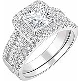 Blongme Womens Princess Cut Bridal Ring Sets 925 Sterling Silver CZ Halo Wedding Rings Set for Her Engagement Promise Rings Band Cubic Zirconia for Women Size 5-10
