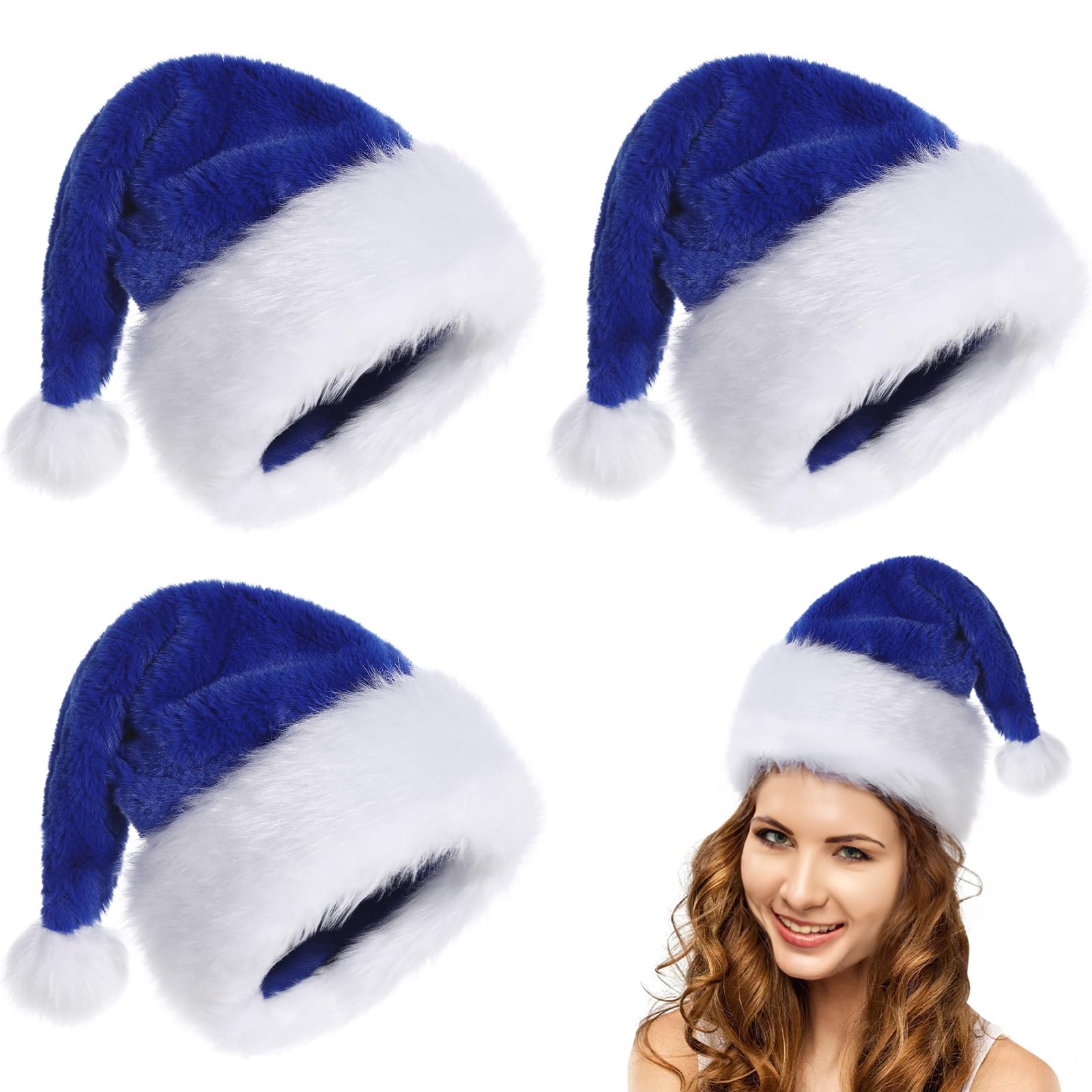 POPOYU 3Pcs Royal Blue Christmas Hats for Adults,Luxury Santa Hats Plush Christmas SantaClaus Hat,Fancy Dress Santa Costume,Velvet Comfy Santa Outfit for New Year Xmas Party Supply Decoration