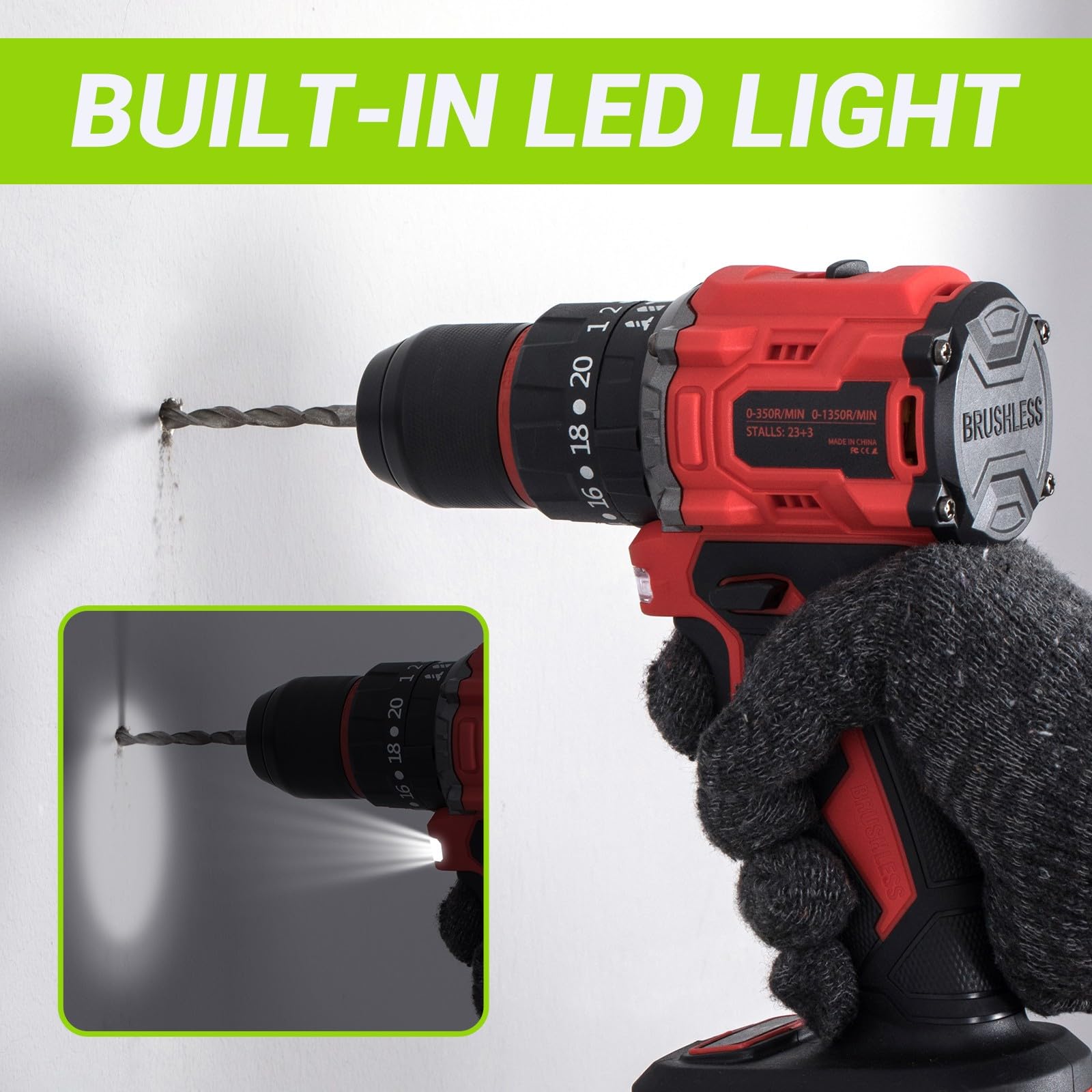 Brushless Drill Set, 21V Cordless with 2 Batteries and Charger, 3/8Inch Keyless All-Metal Chuck, 2 Variable Speeds, 20+3 Power Drill Kit for Screw Wood/Ceramic/Tile/Steel