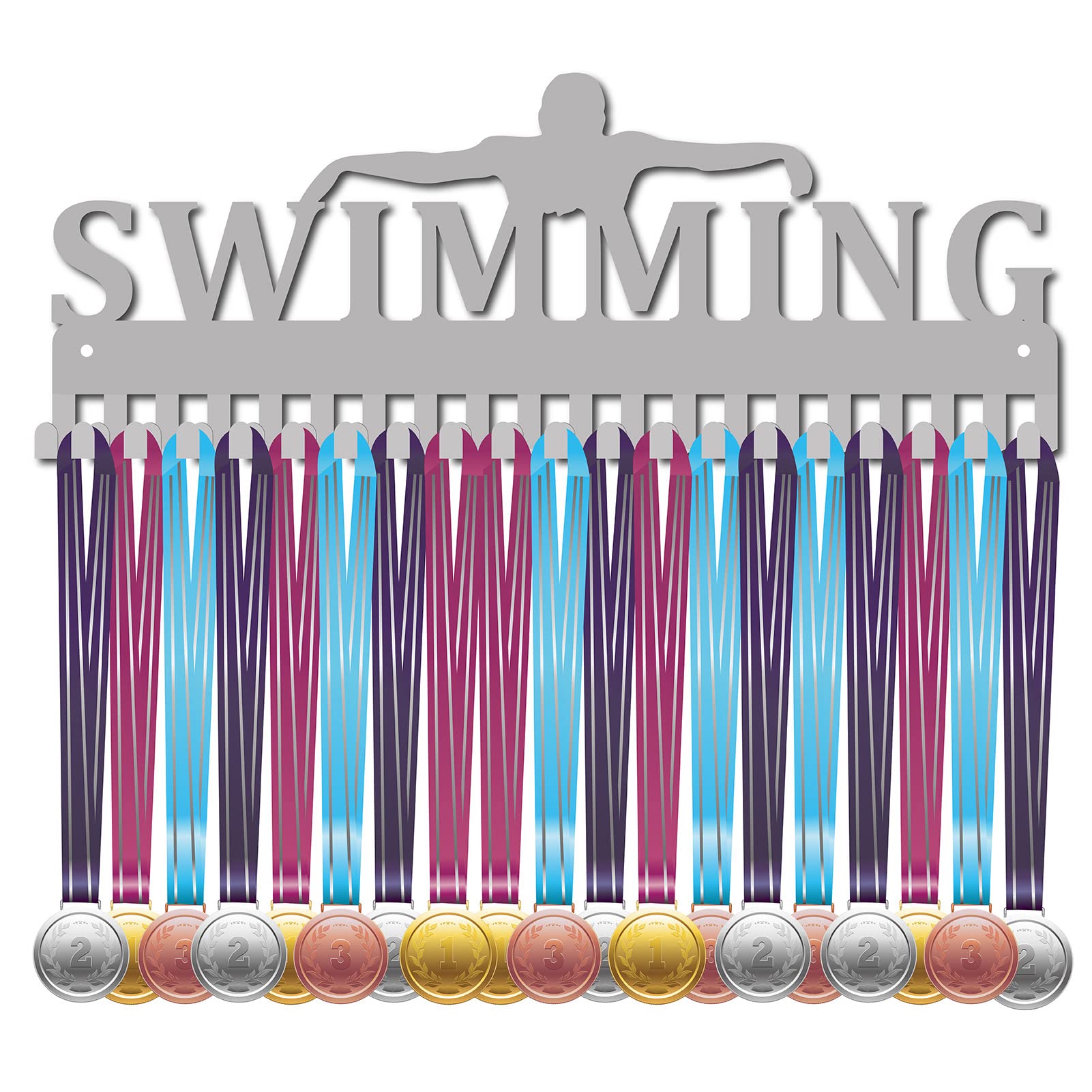 CREATCABIN Swimming Medal Holder Swimmer Medals Hanger Sport Athlete Awards Display Stand Wall Rack Mount Decor Stainless Steel Metal Hanging for Home Badge 20 Hooks Medalist Over 60 Medals, Silver