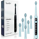7AM2M Sonic Electric Toothbrush for Adults High Power Rechargeable Toothbrushes with 6 Brush Heads,5 Adjustable Modes, Built-in 2-Minute Smart Timer,3 Hours Fast Charge for 45Days Blue