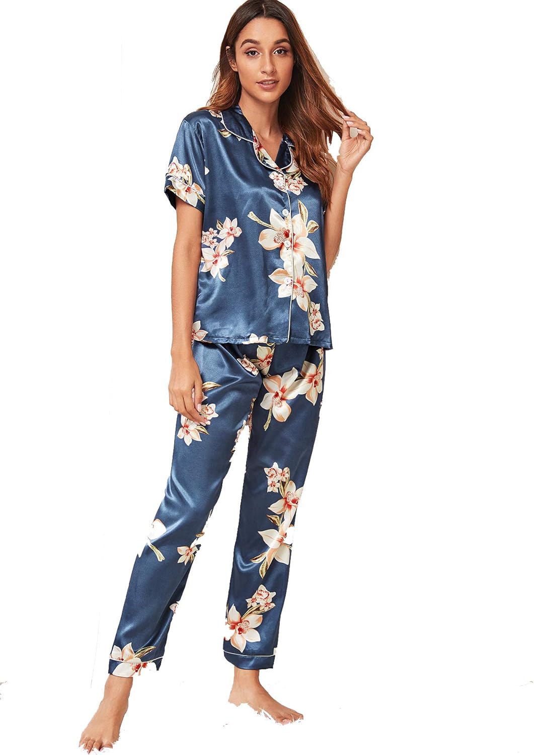 Shein Women's Floral Print Pocket Front Short Sleeve Satin Pajama Set