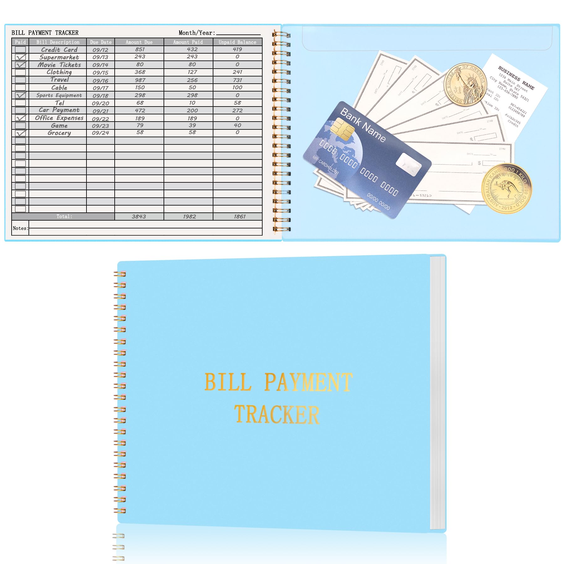 HAUTOCO Bill Payment Tracker: Bill Tracker Notebook for Financial Budgeting, Monthly Bill Payment Organiser Log Book for Small Business & Personal Expenses - 120 Pages, Sky Blue