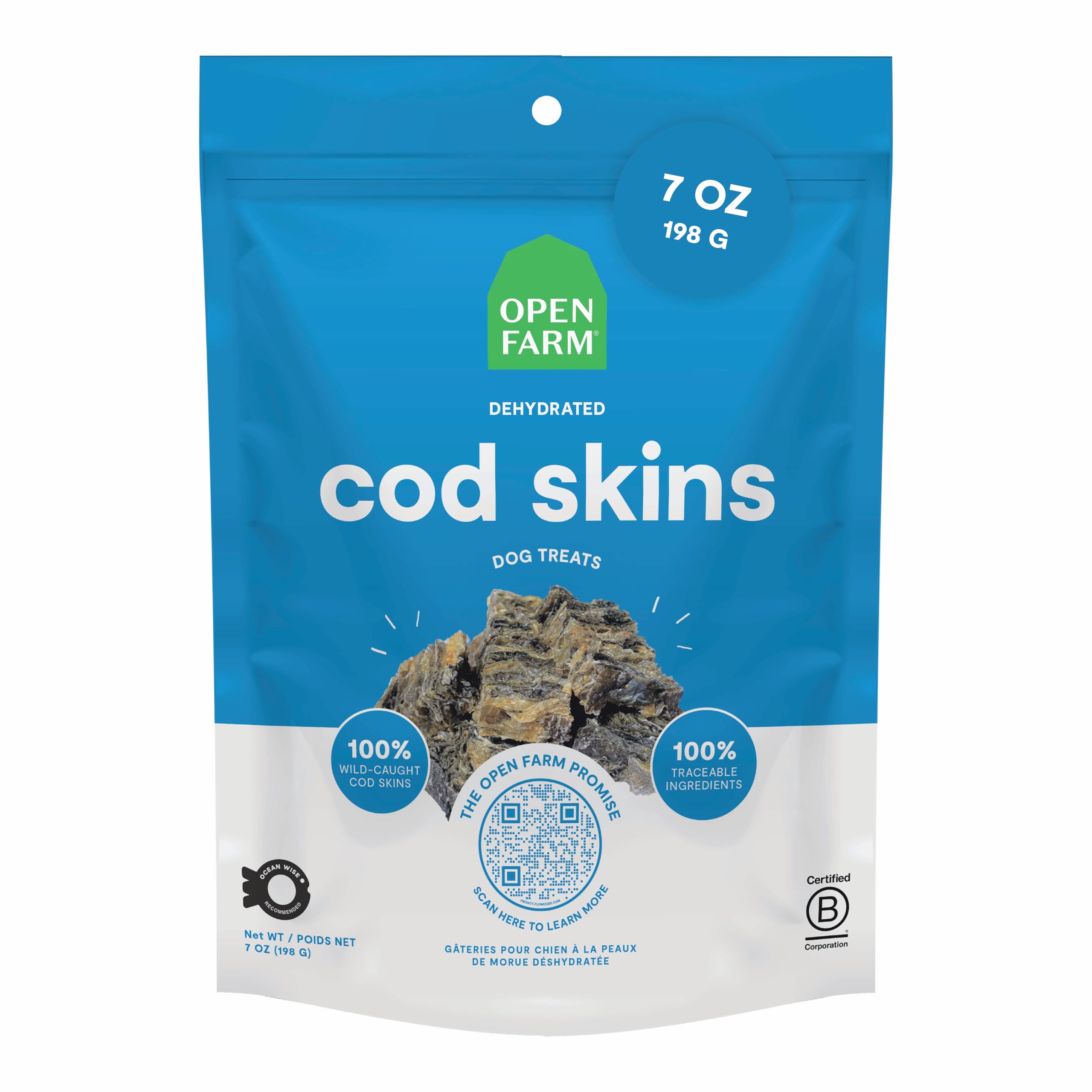 Open Farm, Dehydrated Dog Treats, High Protein & Low Carbohydrate Cod Skins, Crunchy Texture, Single Ingredient Wild-Caught Cod Skins Recipe, 7oz Bag Bulk-Size Image