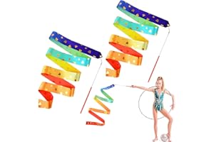 Bewudy 2 Pcs Rhythmic Dance Ribbons, 2M Gymnastic Ribbon with 30cm/11.8in Stick Wands, Rainbow Ribbon for Gym Training Circus Dance Dancing Streamers