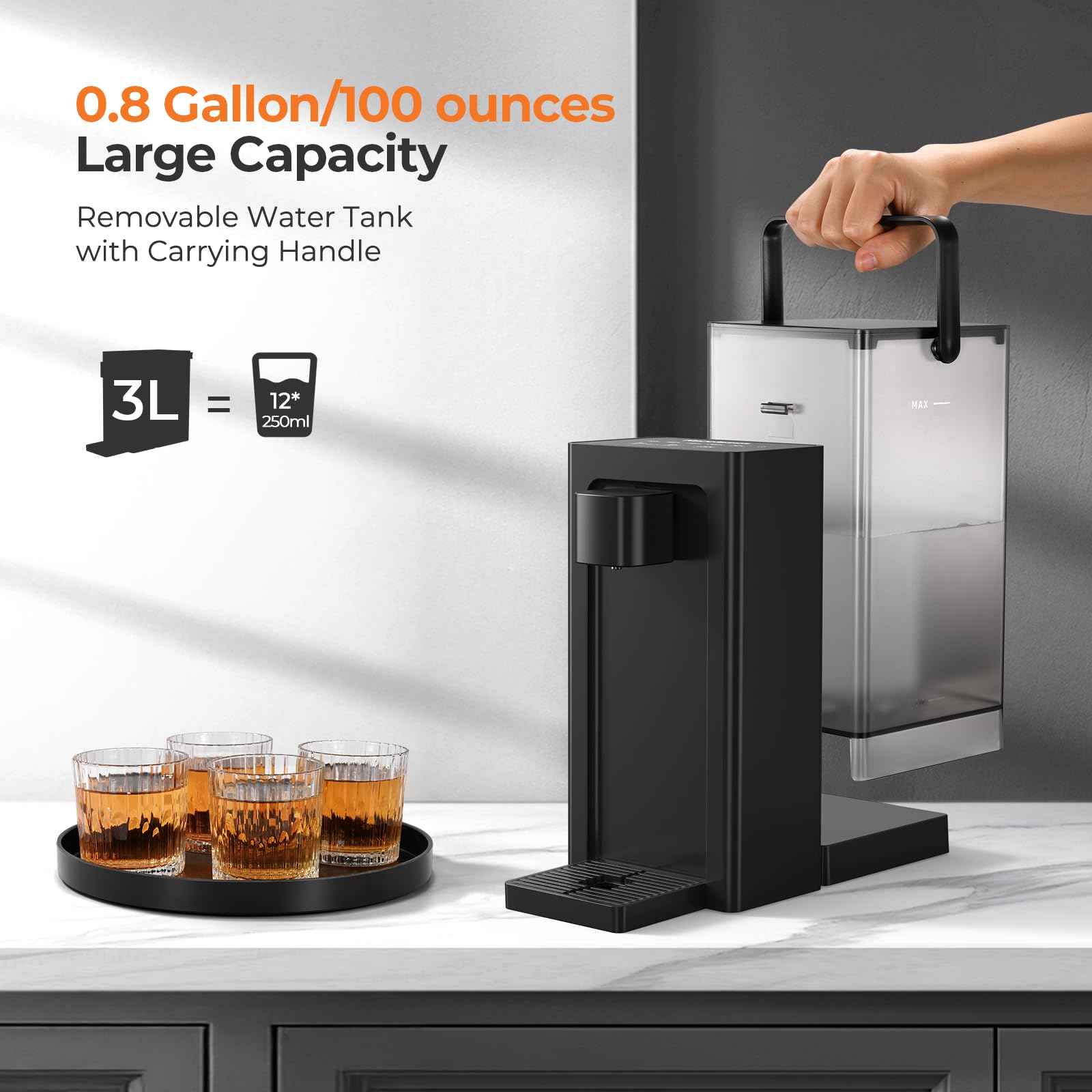 Narcissus D30 Dispensador instantáneo de agua caliente para encimera para calentamiento y dispensación rápidos, dispensación ajustable de 5 temperaturas y 4 volúmenes de agua, tanque de agua extraíble de 100 onzas de capacidad con asa de transporte, sin BPA