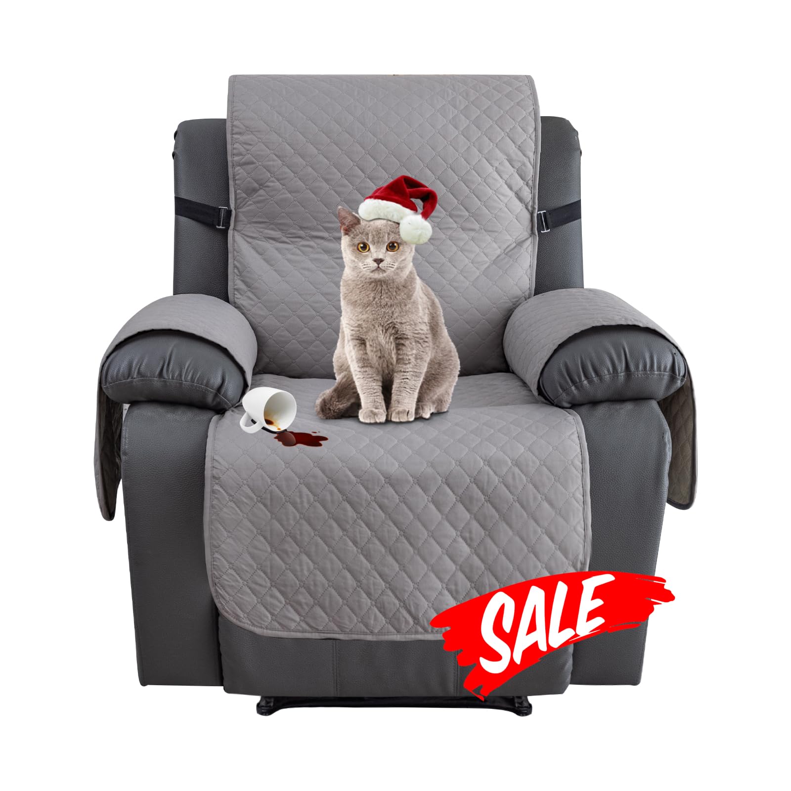 XINEAGE Water Resistant Recliner Cover, Nonslip recliner chair covers for reclining chair with Pockets, Quilted Thick Recliner Slipcovers for Pets and Kids (Recliner, Light Gray)